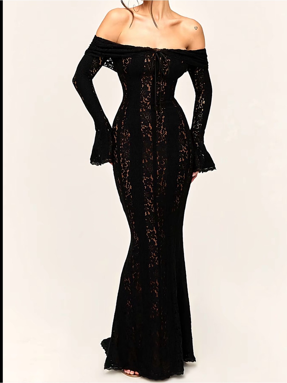 Off-Shoulder Black Lace Gown with Mermaid Silhouette